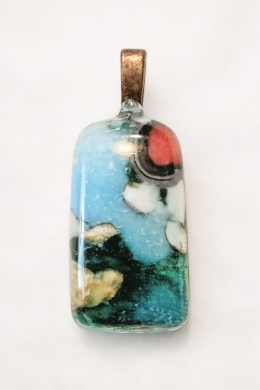 Handcrafted Fused Glass Pendant, Abstract Blue‑Green Art Jewelry